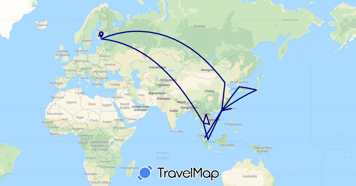 TravelMap itinerary: driving in China, Finland, Hong Kong, Japan, Cambodia, South Korea, Laos, Macau, Malaysia, Singapore, Thailand, Taiwan (Asia, Europe)